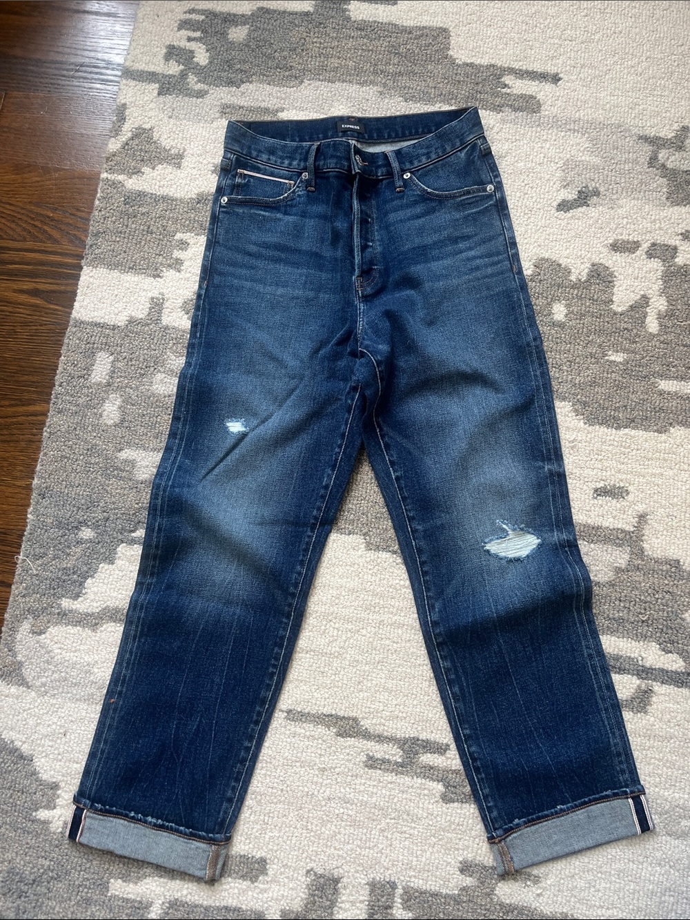 Express High-Rise Dark Blue Distressed Straight Jeans